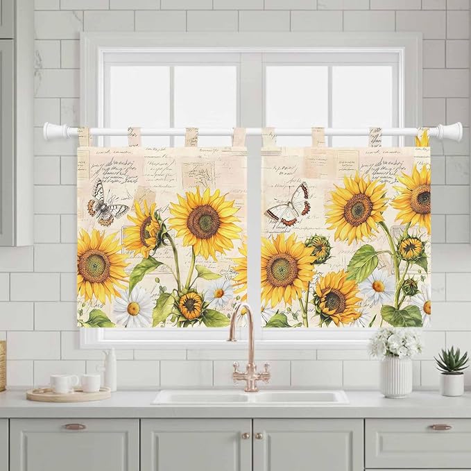 Yellow Sunflowers Kitchen Curtains 36 Inch Length, Small Window Curtains Tab Top