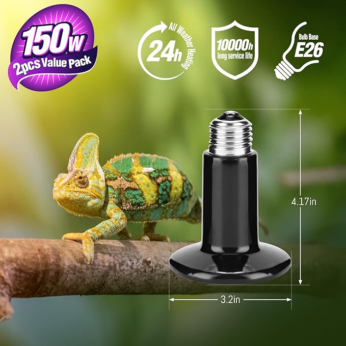 Leoterra 150w Ceramic Heat Emitter, Ceramic Heat Lamp Bulbs for Reptiles, Reptile Tank,Hedgehogs Chicken coop Heater,Dog,Cat,Strong Durable and Powerful,Gives Off No Light(150w 2-Pack)