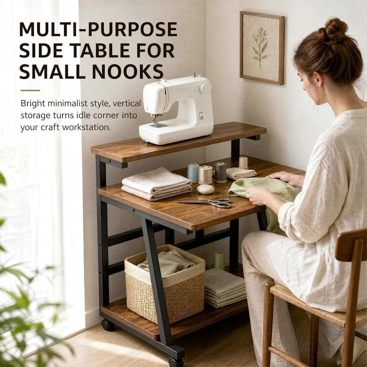 Rolling Computer Desk, 31.5 Inch Small Desks For Small Space, Portable Small Computer Desk with Monitor Stand & 3-Tier Storage, Portable Desk on Wheels for Writing, Home Office, Small Desk for Bedroom