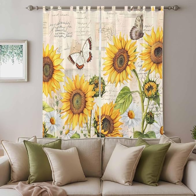 Yellow Sunflowers Living Room Curtains 96 Inch Length, Window Curtains Tab Top