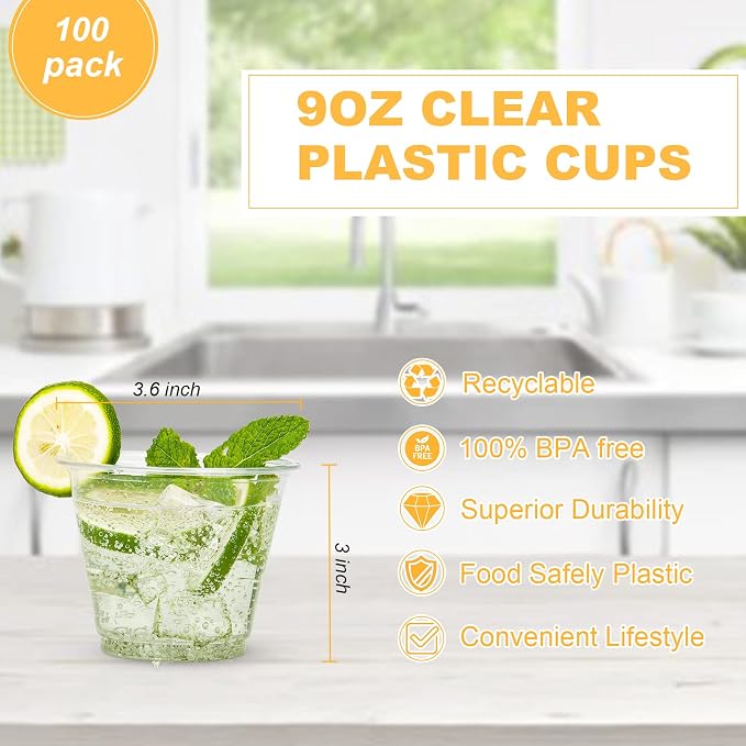 TashiBox 9 oz Disposable Plastic Cups, Crystal Clear