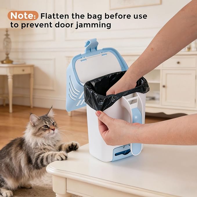 Cat Litter Scoop with Holder & Trash Can, 3-in-1 Mess-Free Poop Scooper Includes 90 Bags, Litter Box Scoop Shovel for Sifter Box Waste Disposal, Blue White
