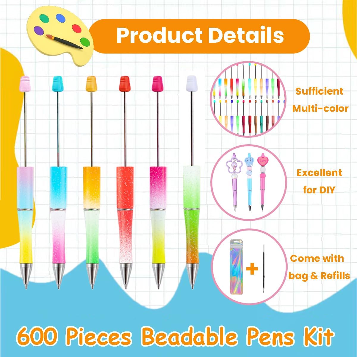 600 Pieces Beadable Pens Kit, 200 Beadable Pens Bulk with 200 Refills + 200 Pen Bags, DIY Black Ballpoint Ink Bead Pens Bulk for School Office Accessories Supplies (50 Colors)