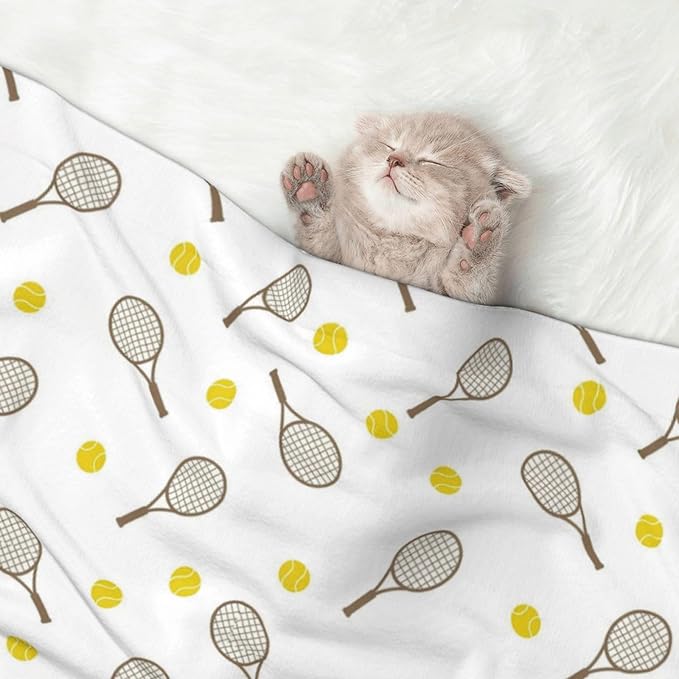 Two Sided Plush Pet Blanket for Crates Carriers Home Use, Tennis Rackets Balls, Reversible Throw with Cozy Dot Fabric and Silky Reverse for Small Large Pets
