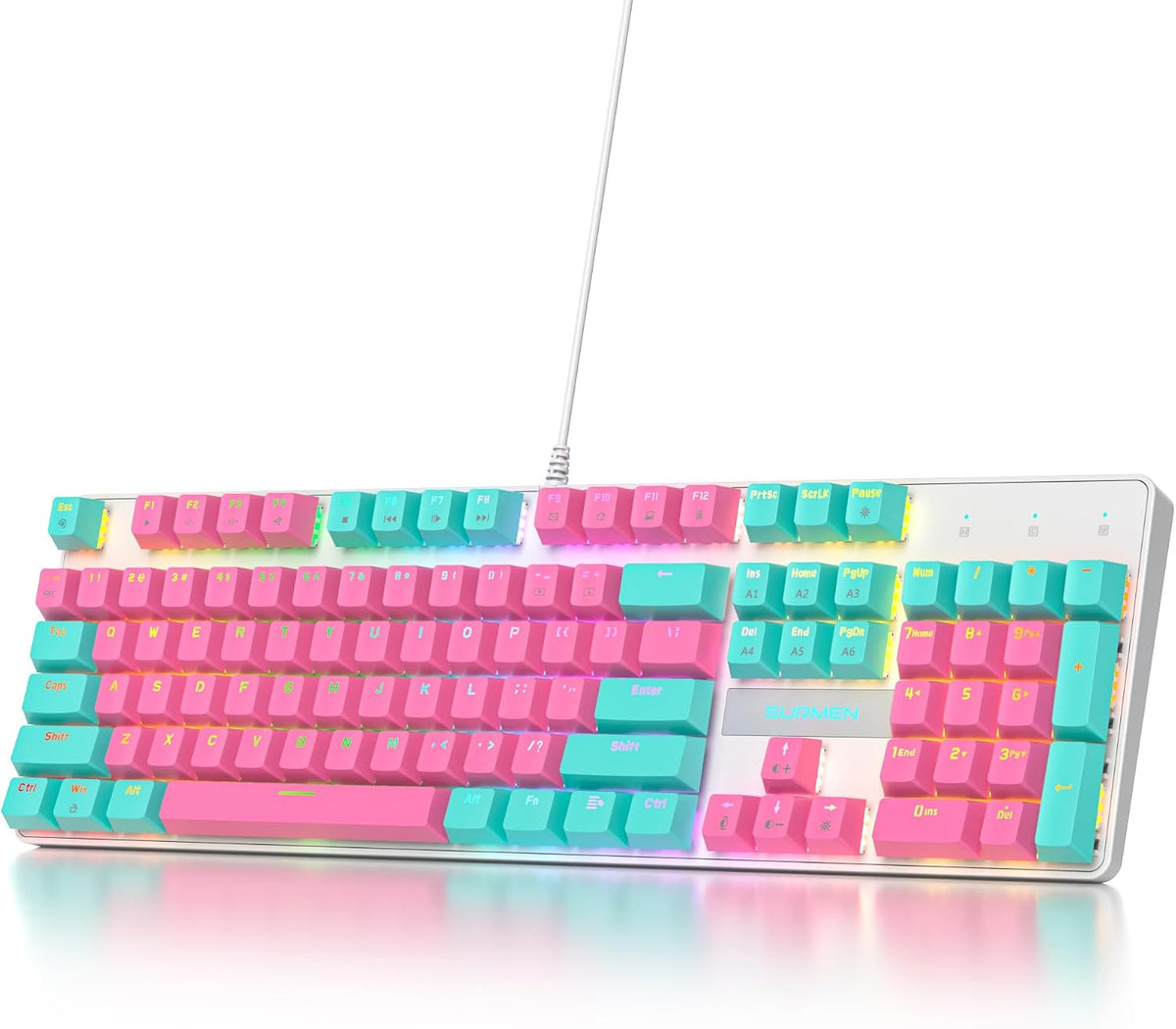 surmen Full Size Pink Creamy Keyboard with Number Pad, 104 Keys RGB Wired Mechanical Gaming Keyboard Backlit with PBT Keycaps Linear Red Switch for Laptop Desktop PC Gamers（104 Miami）