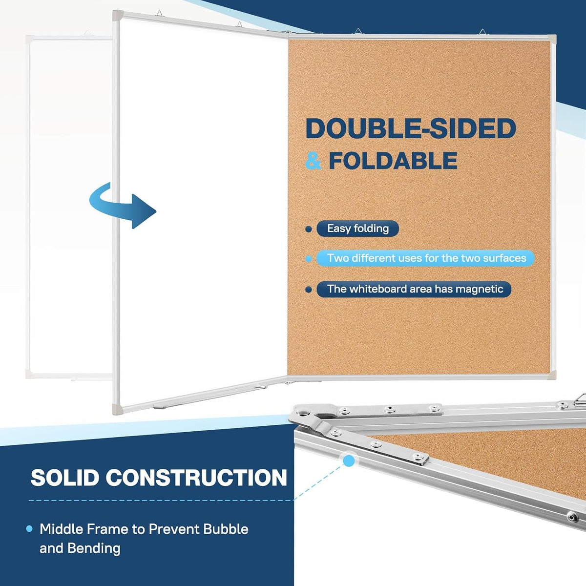 Large White Board Dry Erase Foldable Cork Board Combo 60x40 for Wall