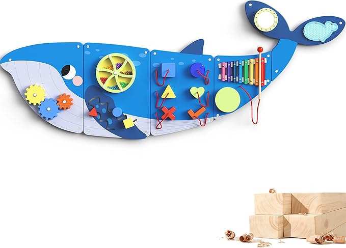 BlueWood Wooden Wall Busy Board Panels, Toddler Learning Activity Center, Montessori Philosophy Sensory, Educational Toys, Conducive to All-Round Development - Whale
