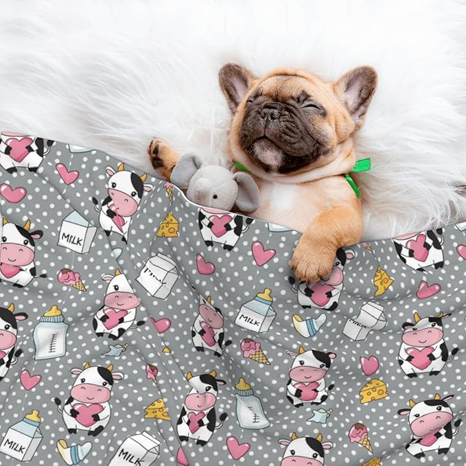 Double Sided Plush Pet Blanket for Small Large Animals, Cartoon Cow Character, Reversible Throw with Dimpled Dot Side and Flat Side for Kennels Living Rooms