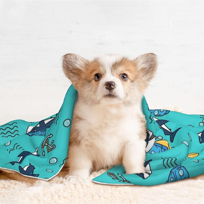 Double Sided Pet Bed Blanket for Added Cushion Warmth, Cute Shark and Anchor, Reversible Cover with Textured Dot Surface for Existing Beds Standalone Mat