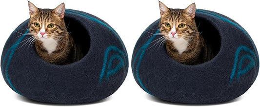 MEOWFIA Cat Cave – Premium Felt Cat Bed for Indoor Cats, Handmade 100% Merino Wool, Cat (Large, Black Aqua) (Pack of 2)