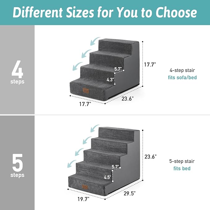Dog Stairs for Small Dogs 5-Step, 19.7" Extra Wide Right-Angle Pet Stairs for Couch and Beds, Anti-Slip Dog Steps for Old Cats and Lowrider, 19.7x29.5x23.6 inch, Dark Grey