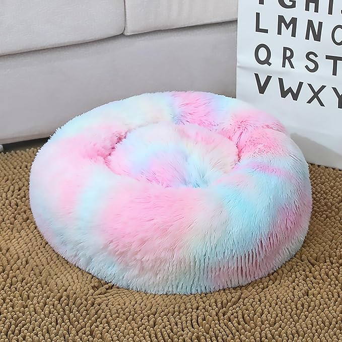 Calming Dog Bed for Small Dogs, Calming Donut Cuddler Pet Bed Anti Anxiety Round Dog Bed Fluffy Plush Faux Fur Cat Bed,Colorful Pink,19.7IN