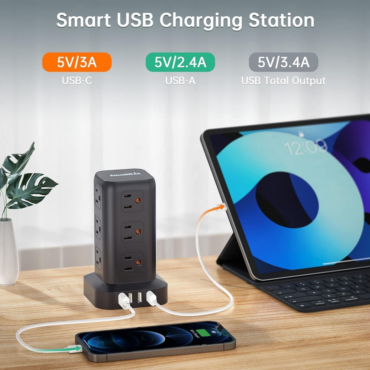 2 Pcs Extension Cord with Multiple Outlets, SMALLRT Power Strip Tower, Outlet Extender with 12 AC Outlets 4 USB, 6.5FT Extension Cord for Home Office Dorm Room, Overload Protection