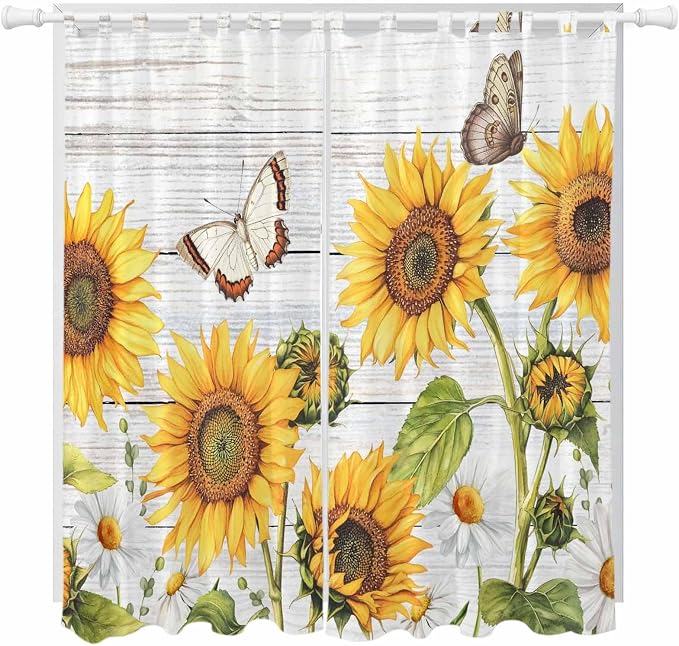 Yellow Sunflowers Living Room Curtains 96 Inch Length, Window Curtains Tab Top