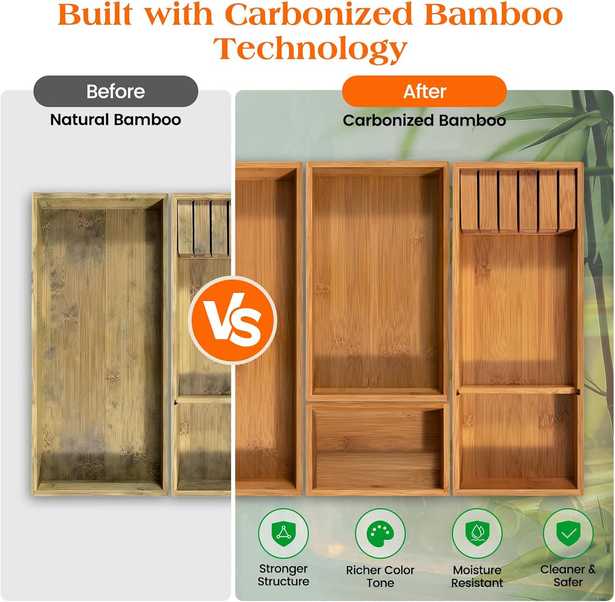 Piklohas Carbonized Bamboo Kitchen Silverwar Drawer Organizer