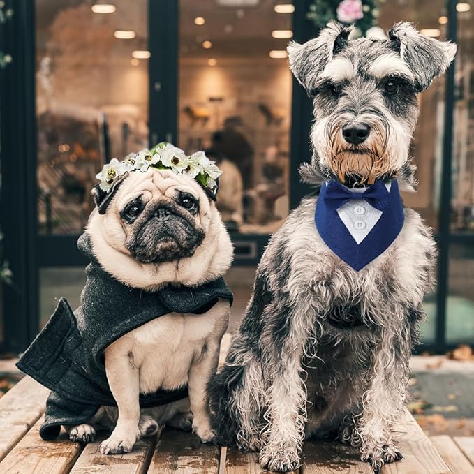 Dog Wedding Bandana, Formal Dog Tuxedo Adjustable Pet Collar with Bow, Small, Medium and Large Wedding Clothing, Birthday Gifts for Dogs (Small, Blue)
