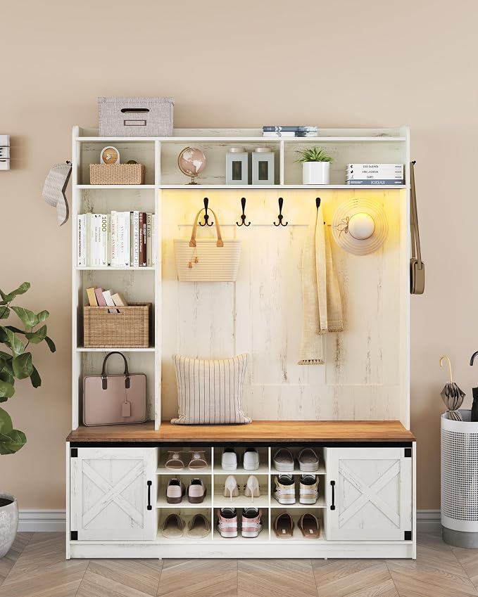 59.8" Hall Tree, LED Farmhouse Entryway Storage and Coat Rack Wood, Entryway