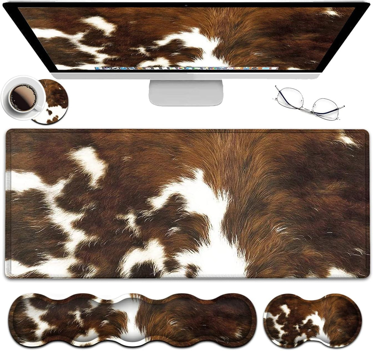 JVGFYNKL Gaming Mouse Pad XXL Large Desk Cute Mat Brown Cowhide Extended Mousepad Ergonomic Memory Foam Keyboard Wrist Rest, Stitched Edges Desk Pad(31.5x11.8 in) Extended Large Mousepads
