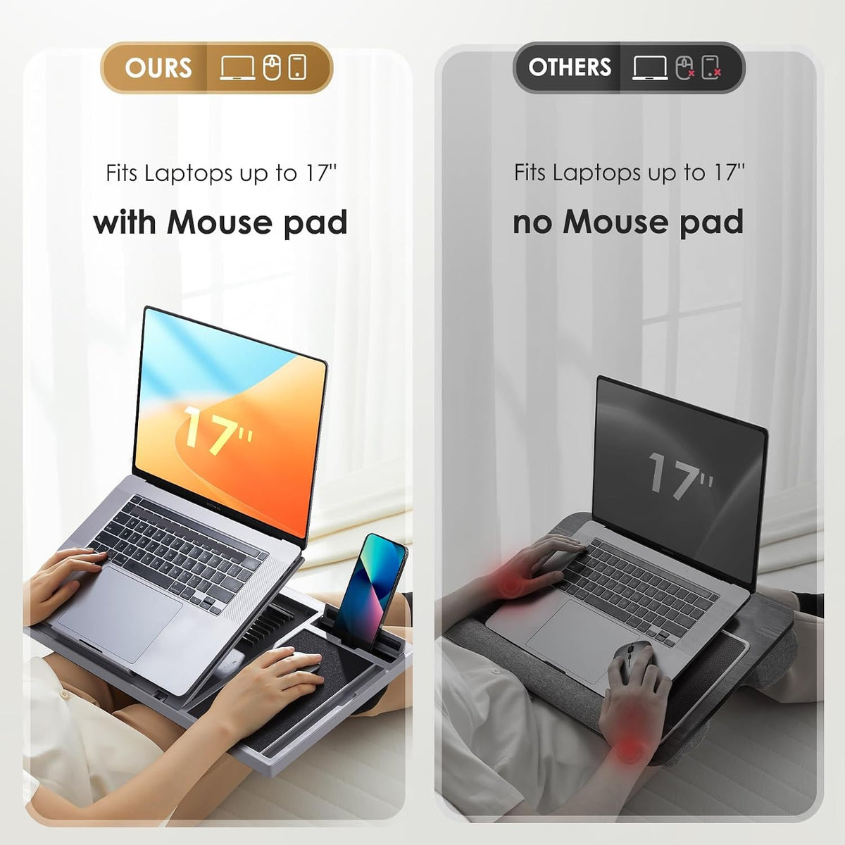 LORYERGO Adjustable Laptop Desk with Cushion, Mouse Pad & Cellphone Slot - Laptop Stand for Bed & Couch, Riser for Home & Office (Grey)