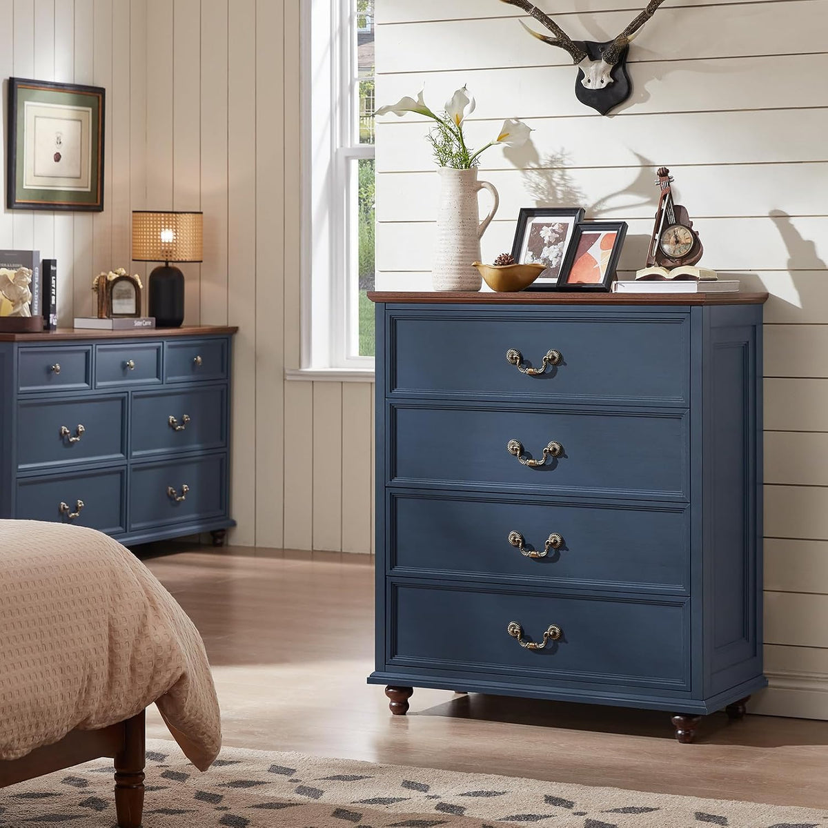 Joaxswe Farmhouse 4 Drawer Dresser for Bedroom, 37" Tall Rustic Chests of Drawers w/ 4 Solid Wood Feet, Mid Century Modern Wooden Closet Storage Dressers Organizer for Living Room, Hallway, Navy Blue