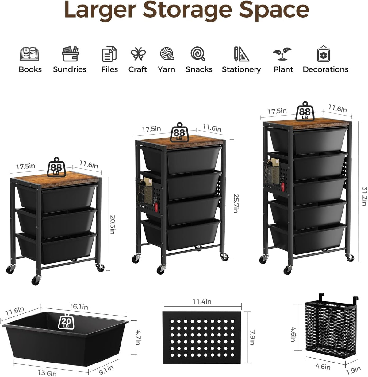 Rolling Cart with 5 Drawers, Plastic Drawer Storage Carts with Wheels & Wooden Tabletop, Metal Utility Cart with Pegboards, Office Living Room Classroom Craft Organization and Storage, Dark Black
