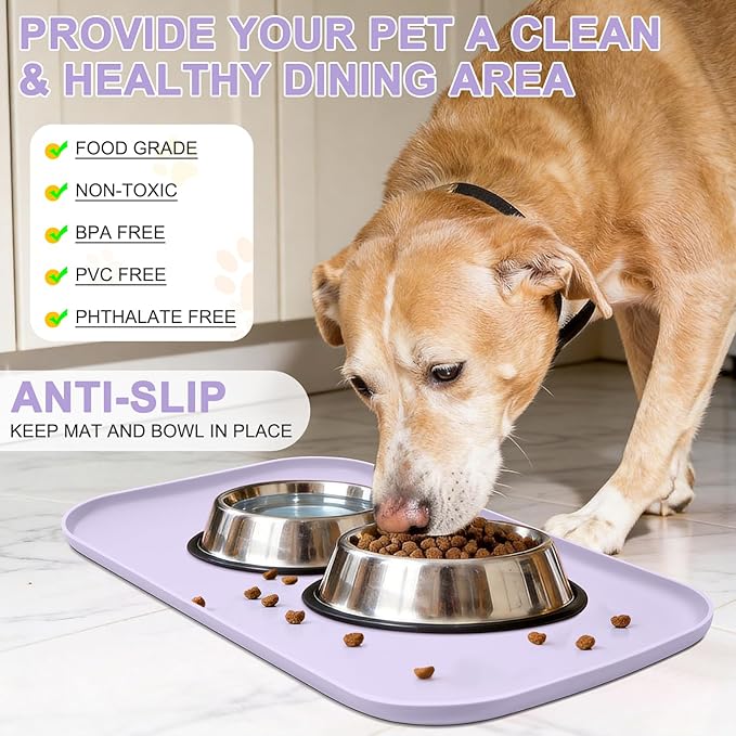 Silicone Pet Food Mat with Raised Edge for Food and Water Bowl, Dog Feeding Mats, Cat Food Trays for Floor Waterproof, Rubber Tray for Dogs and Cats, 22 x 14 x 0.8 Light Purple