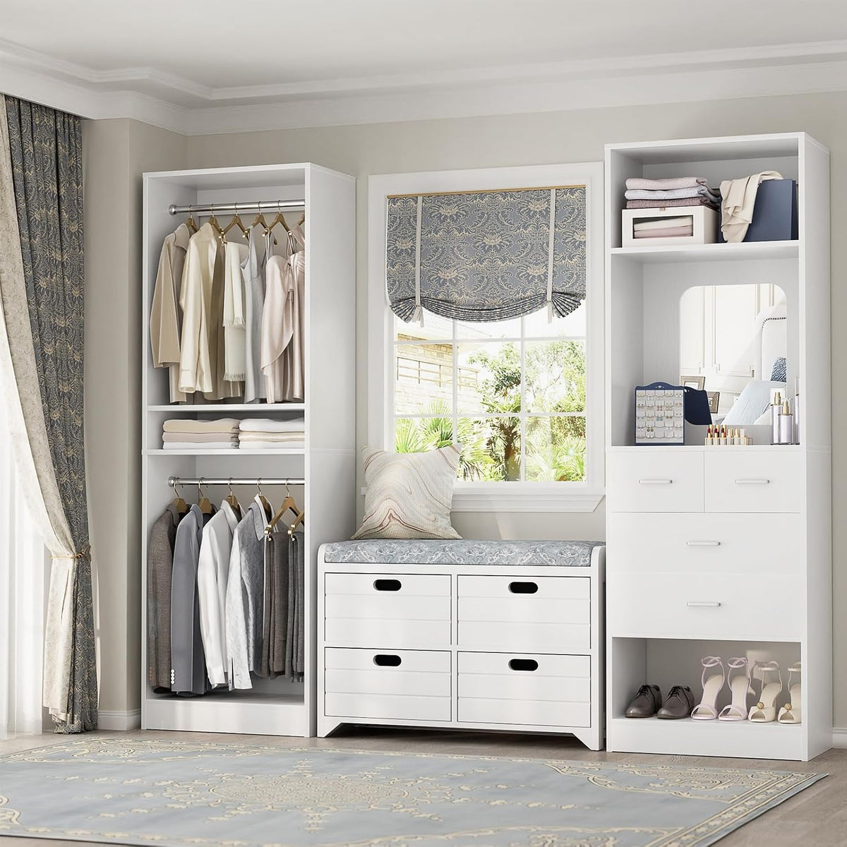 Unikito 50” Closet System with 4 Drawers, 4.2FT Wood Closet Organizer with Hanging Rods and Mirror, Reversible Small Walk in Closet Wardrobe, Adjustable Sturdy Clothes Garment Rack, Set of 2, White