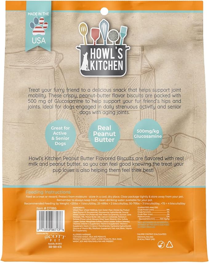 Howl's Kitchen Biscuits, 12 oz Bag, 1 Count, Peanut Butter Flavor, Hip and Joint Formula, Rawhide Free, Soft and Chewy Dog Treats, 500mg of Glucosamine for Dogs, For Active and Senior Dogs