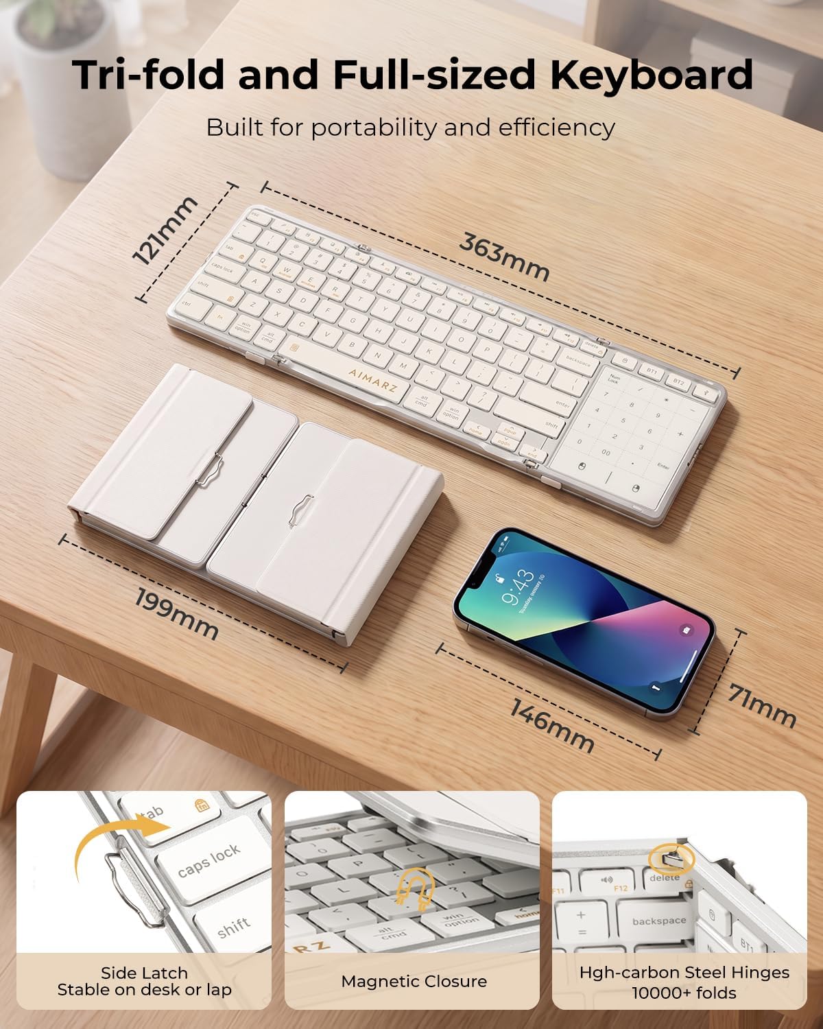 AIMARZ AF01 Foldable Keyboard, Full-Size Keys, Touchpad/Number Pad, White