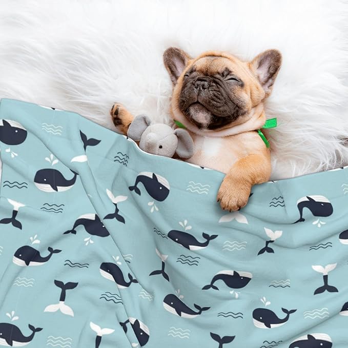 Double Sided Pet Mat for Dog Bed Topper Cat Blanket Furniture Protector, Whale in Ocean Pattern, Reversible Plush with Tactile Dot Pattern for Style Change