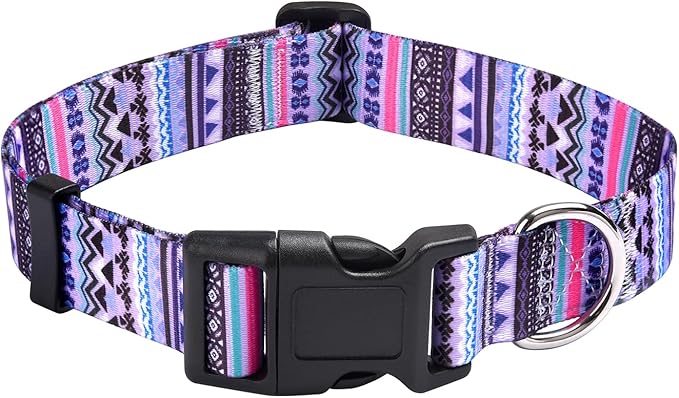 Dog Collar with Bohemia Floral Tribal Geometric Patterns - Soft Ethnic Style Collar Adjustable for Small Medium Large Dogs(Purple Bohemia,S)