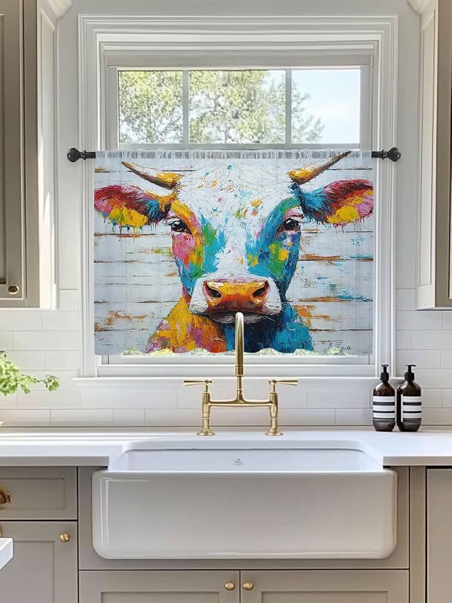 Sheer Curtains 45 Inch Length, Funny Colorful Cow Semi Sheer Curtains Light