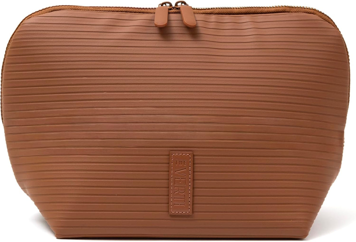THE VERTI-Vertical Waterproof Makeup & Toiletry Bag | 23-Pocket Organizer with Upright, Fold-Down Design for Skincare, Toiletries & Essentials (Mahogany, Medium)