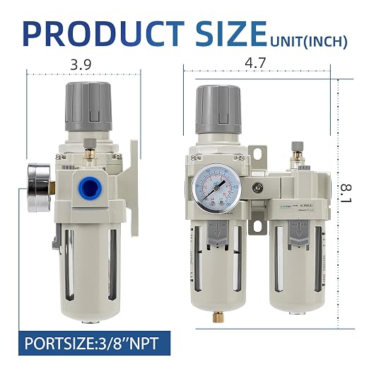 3/8" NPT Compressed Air Filter Regulator Lubricator Combination, Water/Oil Trap