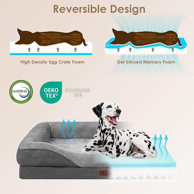EHEYCIGA Orthopedic XXL Dog Bed for Large Sized Dog, 52x41x8 Inch Extra Large Memory Foam Dog Couch Bed with Sides, Waterproof Liner & Washable Removable Cover, Bolster Pet Sofa, Grey