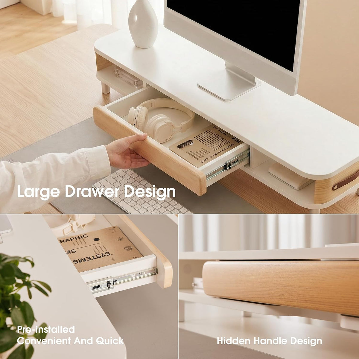 Fenge Dual Monitor Stand with Large Storage Drawer, 42.5" Desk Shelf, White