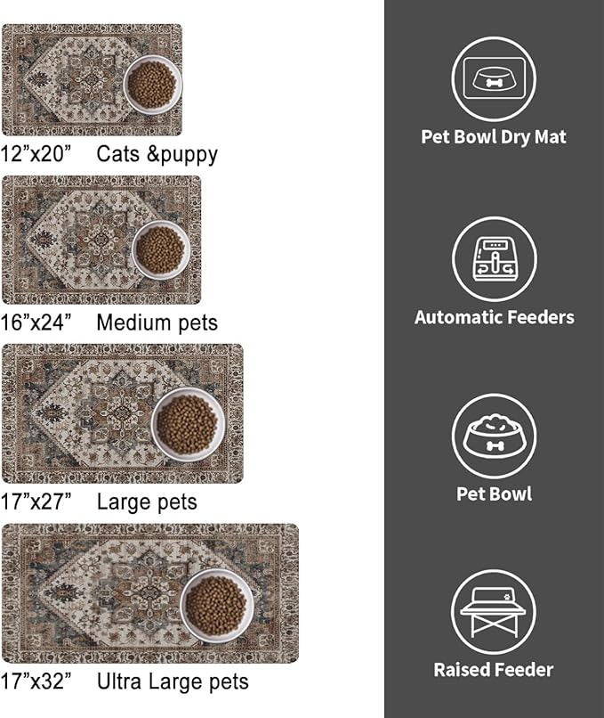 Dog Food Mats for Floors, Absorbent and Quick-Drying Pet Cat Food Mat,Anti-Fouling and Easy-to-Clean Pet Feeding Mat,Dog Bowl Mat for Messy Drinking Water Bowls.17 x32, Bohemia Style