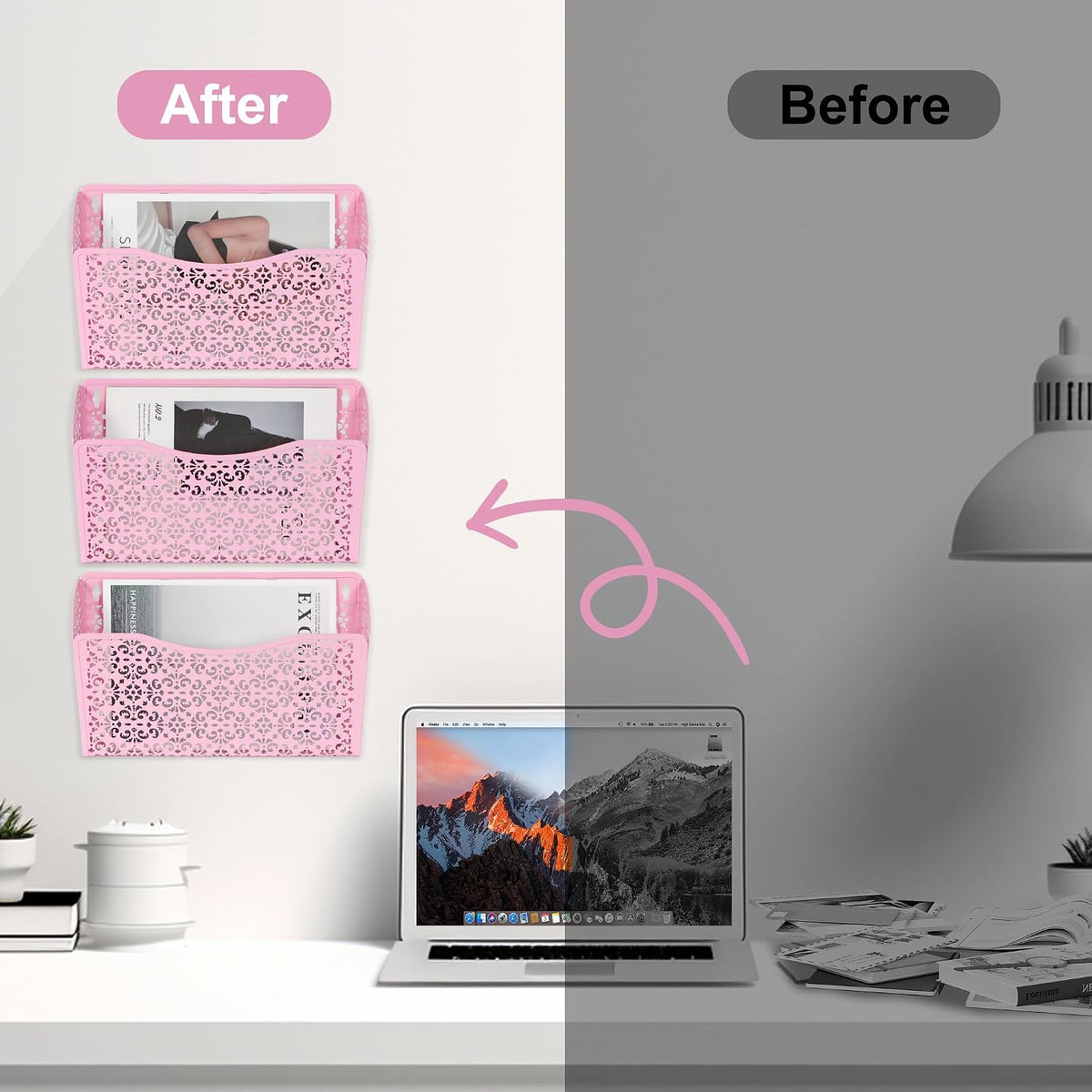 EasyPAG 3 Single Wall Mount File Organizer Vertical Metal Wall Pocket File Holder for Office, Home, School, Pink