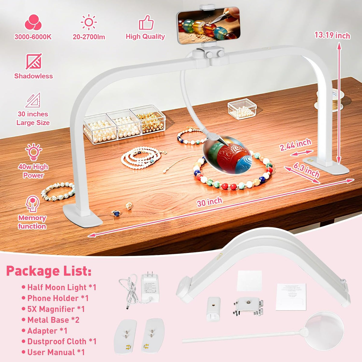 HITTI Half Moon Light for Nail Desk with 5X Magnifier, 30" Foldable