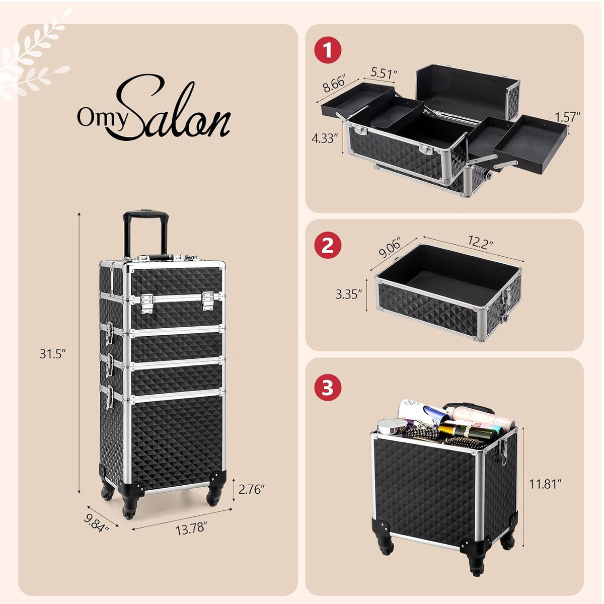 mefeir 4-in-1 Rolling Makeup Train Case Lift Handle,4 Removable Wheels Lockable Keys,Aluminum Cosmetic Trolley Beauty Stylist Artist Organizer Box,Ideal Xmas New Year Gift (Diamond Black)