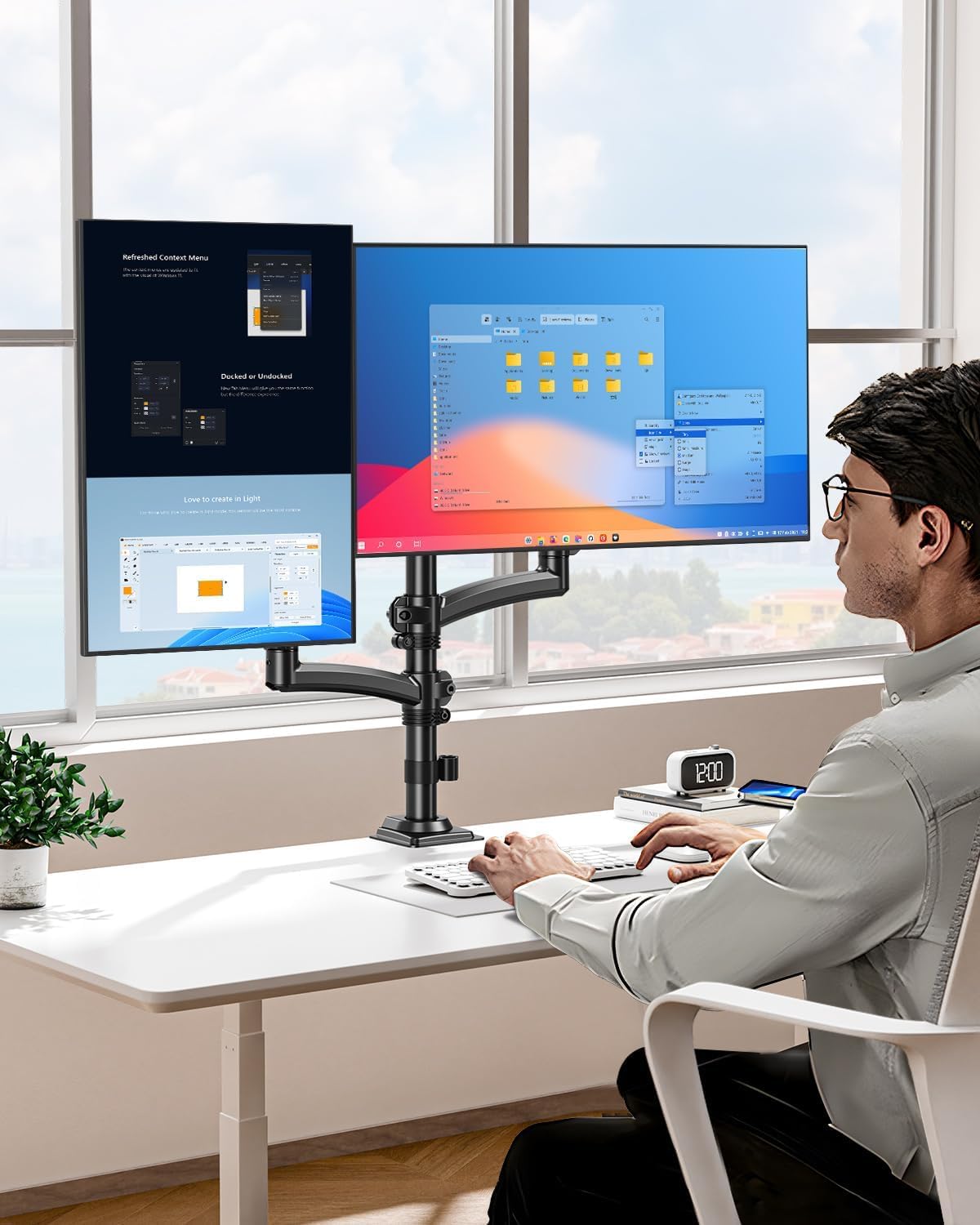 Dual Monitor Stand for 2 Screens up to 32 inch, Vertical Stacked Dual Monitor Mount, Full Motion Adjustable Tall Double Monitor Desk Mount, Each Arm Holds 4.4-22lbs, VESA 75/100mm, Black, Freelift