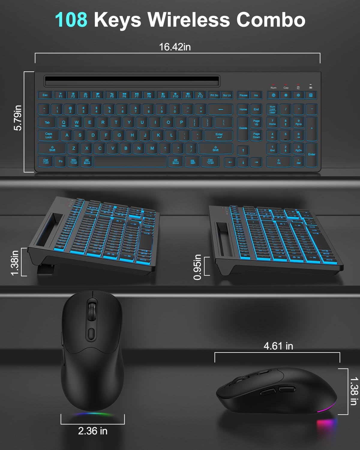 Wireless Keyboard and Mouse Combo, 7 Backlit Effects, Light Up Letters