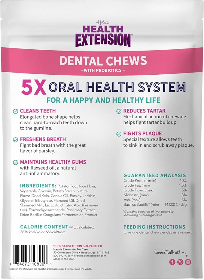 Health Extension Probiotic Dental Bones for Dogs, 8 Medium Bones – Supports Dental Health, Promotes Digestive Health, Ideal for Puppy Training (Pack of 2)