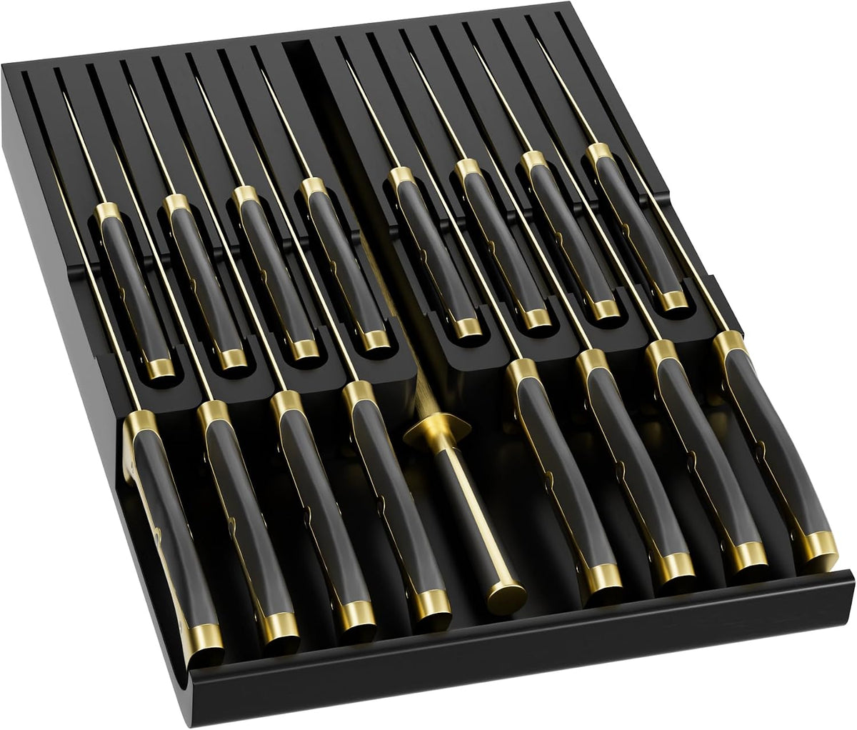 Domax Bamboo In-drawer Knife Block - Kitchen Knife Drawer Organizer Insert, Knife Holder without Knives Large, Drawer Knife Organizer Fits for 16 knives and 1 Sharpening Steel (Not Included), Black
