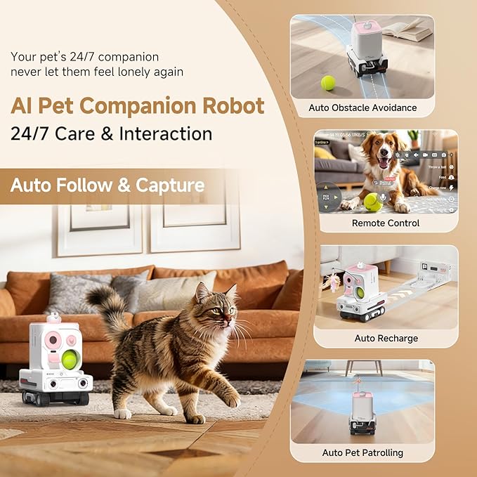 Pmate AI Pet Robot Companion for Dogs & Cats, with Visual Recognition, Remote Video Interaction, Auto Feeding & Play, Red Light Teaser, Night Vision, Auto Charging, Pink