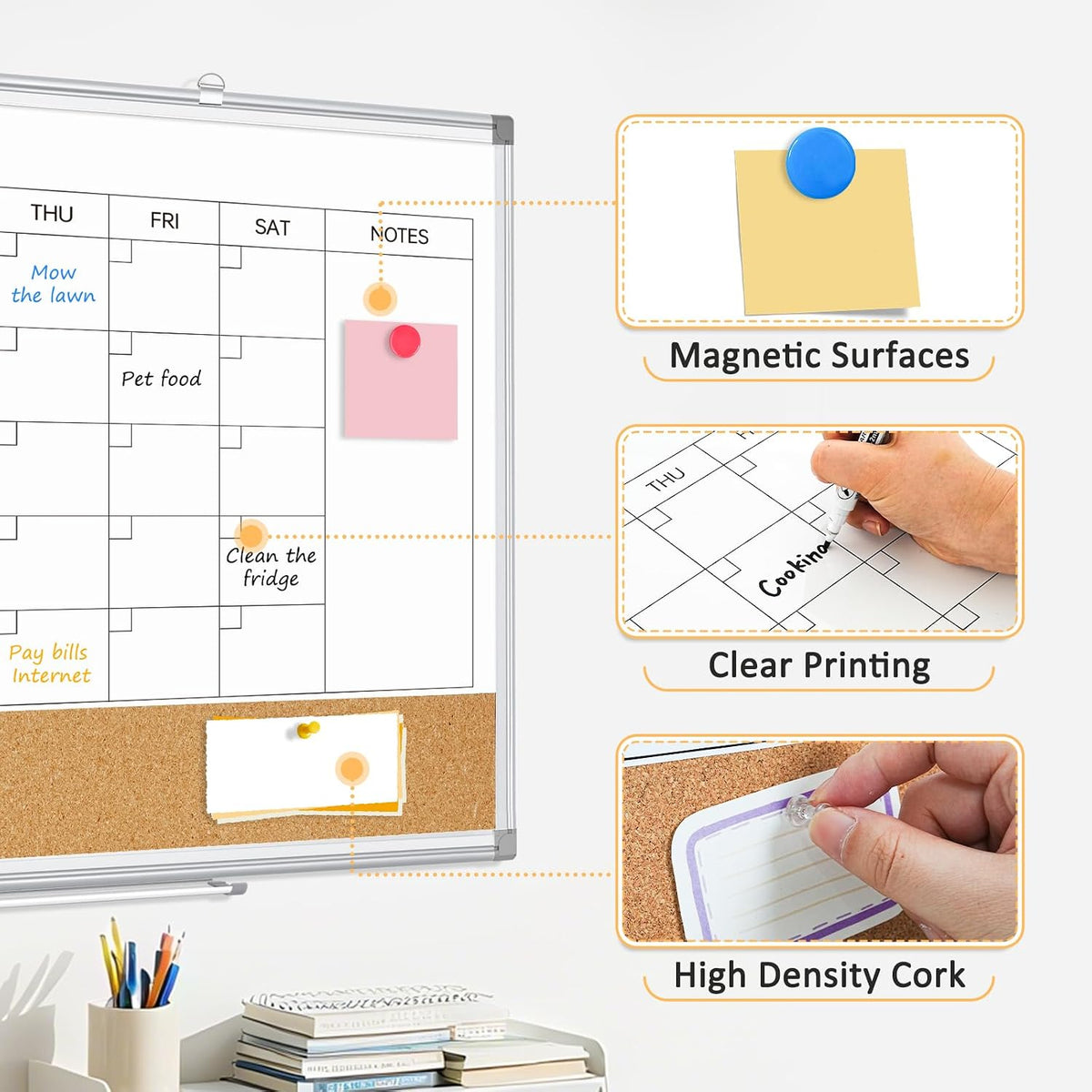 Monthly Dry Erase Calendar Whiteboard with Corkboard, 30" x 20", Silver