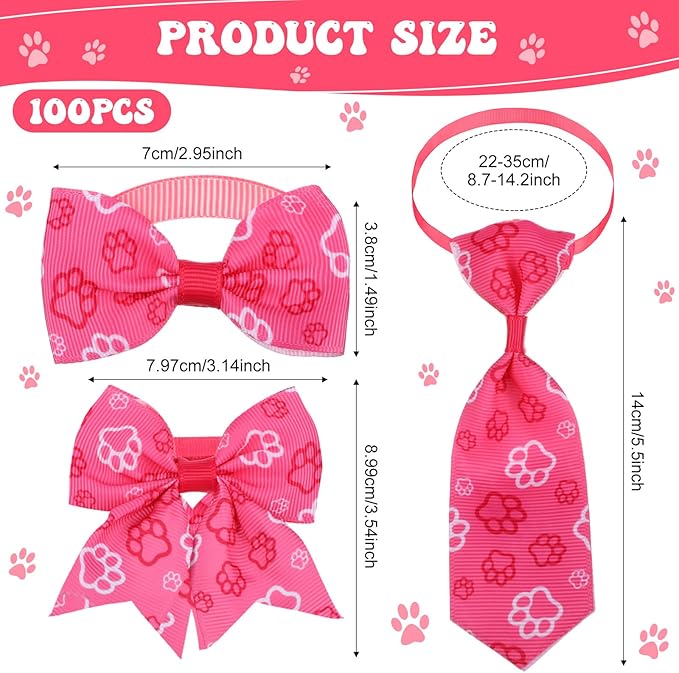 Reginary 100 Pieces Dog Bow Tie Collar Set Include 40 Dog Neckties, and 30 Puppy Bowties, 30 Collar Flowers, Adjustable Pet Ties Grooming for Small Medium Cats Pets Supply(Paw Bone)