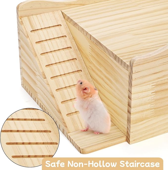 Guinea Pig Wood House, 11.8 x 9.4 x 6.7 Inch Hamster Hideout Castle with Stairs and Window, Small Animals Bed Hut Habitats, Ideal for Chinchillas Dwarf Mice Gerbils Playing Hiding