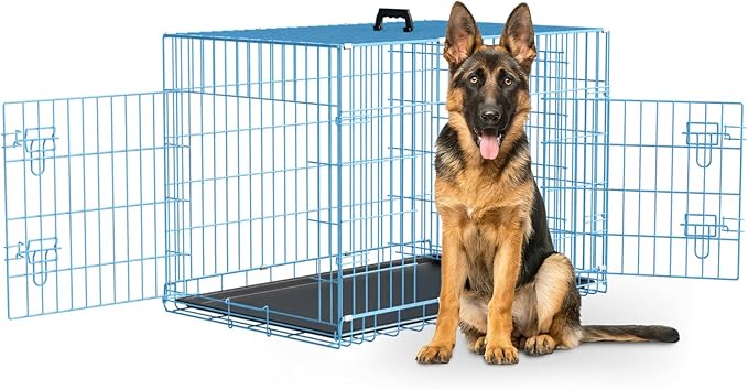Large Dog Crate Kennel Metal Dog Cage for Medium Large Dogs Double-Door Folding Travel Indoor Outdoor Puppy Playpen with Divider and Handle Plastic Tray,42",Blue