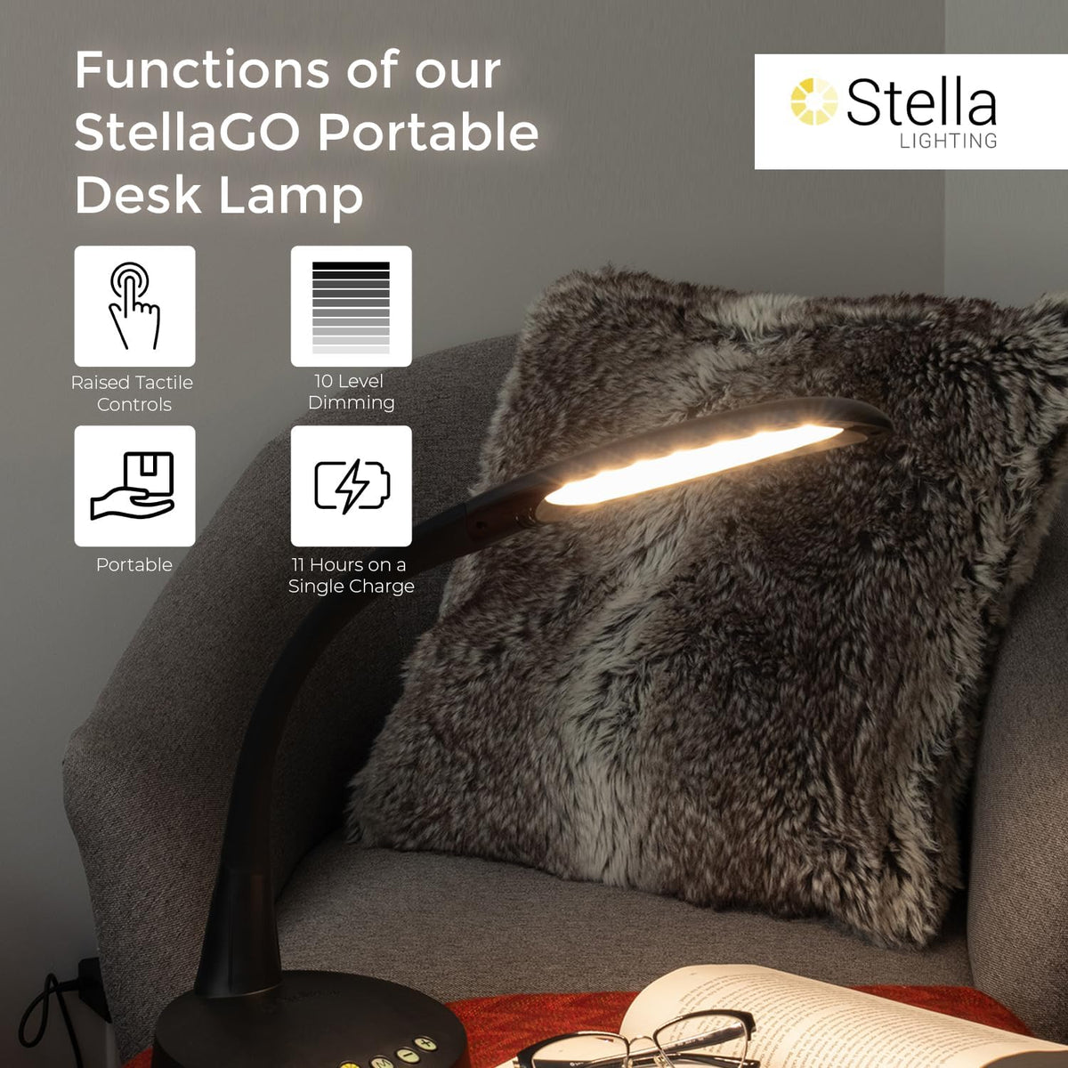 Stella GO 12W Portable Task Lamp, Dimmable, Custom Color Temperature, Adjustable, and Remote Controlled Modern Standing Lamp for Living Room, Bedroom, and Office Lighting (Black)